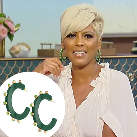 Green Studded Hoops  Yellow Gold Plated Green Cubic Zirconia 2.0" Diameter Pierced    As worn by Tamron Hall on The Tamron Hall Show.