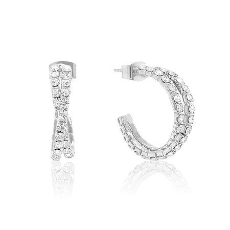 CZ Bypass Hoop Pierced Earrings  White Gold Plated Approximately 0.9" 