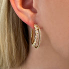 CZ Double Hoop Pierced Earrings  Yellow Gold Plated 1.20" Long X 0.32" Wide