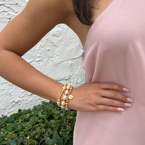 Yellow Gold Beads and Faux Pink Pearls 3 Stretch Bracelet Set  Yellow Gold Plated 0.15", 0.20", 0.22", 0.30" Gold Beads 0.32", 0.40" x 0.50" Faux Pink Pearls Breast Cancer Awareness Ribbon Charm 2022 Hope Hoop Collection