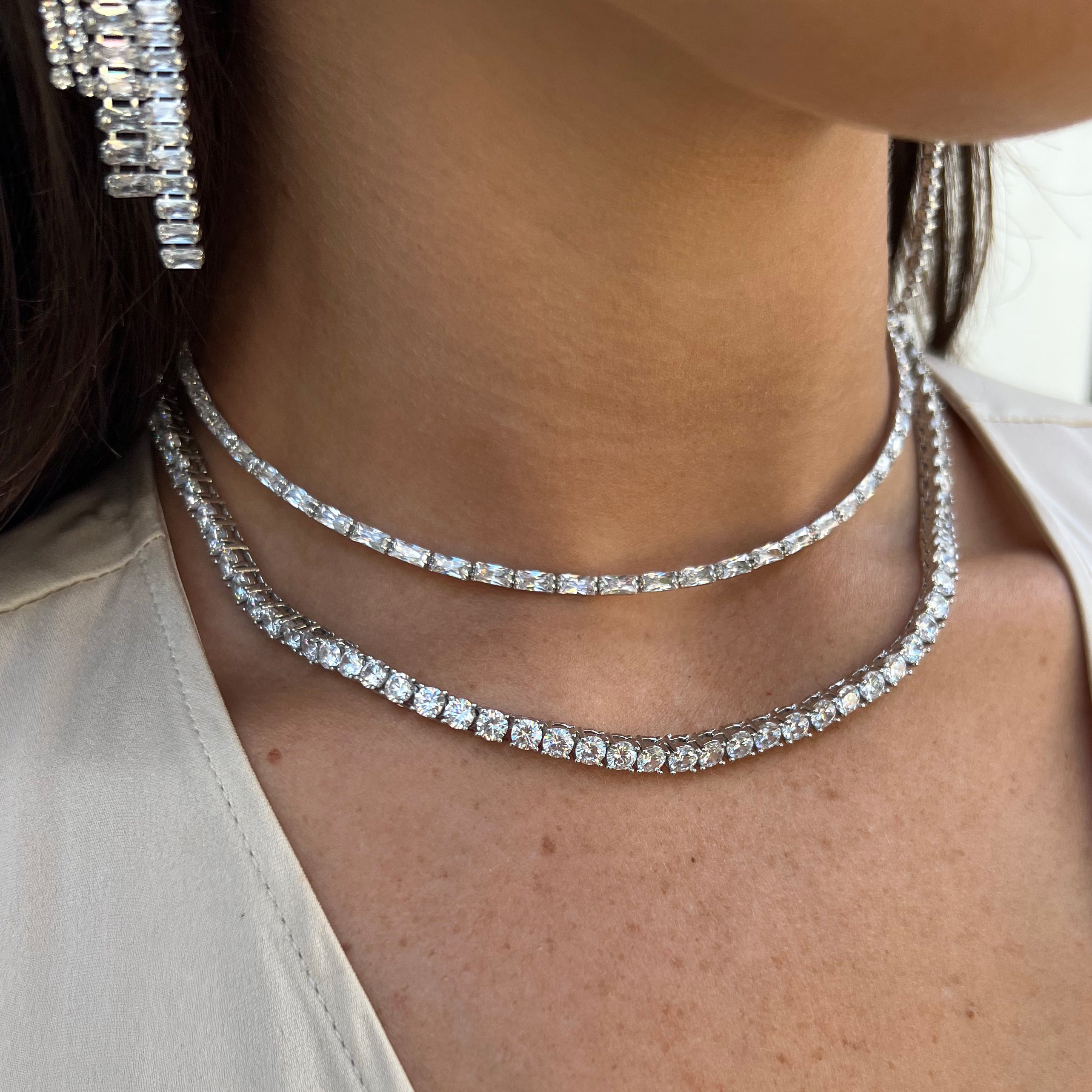 Flexible White Gold Baguette Choker White Gold Plated Cubic Zirconia Width: 0.10"