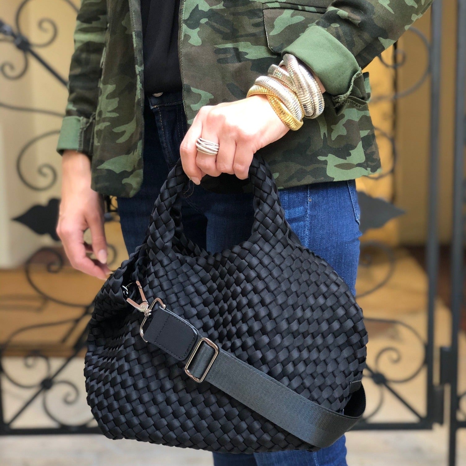 Black Mini Woven Tote With Rolled Handles  7.75" Height X 14.5" Length X 6.75" Depth Pouch Included Removable Crossbody Strap Included