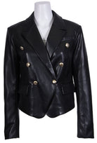 Black Vegan Leather Jacket with Gold Button Detail