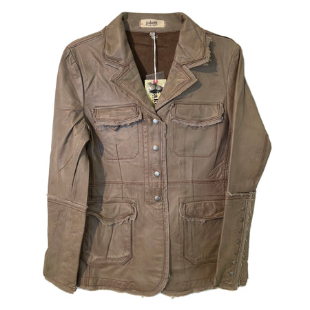 Brown Leather Jacket  Sizes run small Wire inserts in collar, lapels, pocket flaps and cuffs for shaping and fit detailing Soft wash and tumbled finish for vintage look Genuine leather  Easy care, cold water wash or leather cleaner