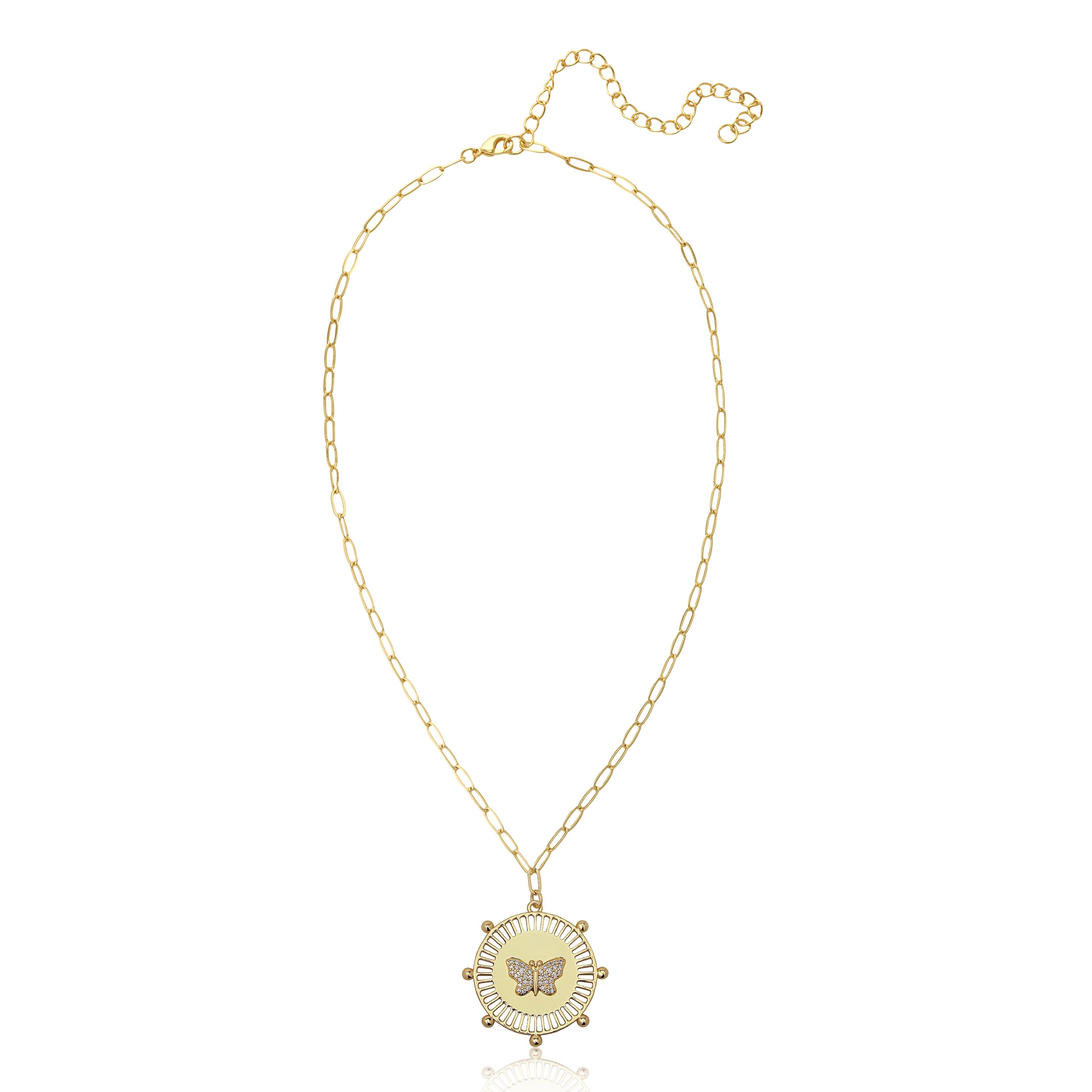 Yellow Gold Plated Pave Butterfly Medallion Necklace on Paperclip Chain  Yellow Gold Plated  Chain: 16-20" Length Medallion: 1.0" Diameter Butterfly: 0.5" Diameter 