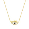 Diamond and Sapphire Evil Eye Necklace  14K Yellow Gold 0.09 Diamond Carat Weight 0.05 Sapphire Carat Weight Chain: 15.5-17.5" Length Eye: 0.30" Wide X 0.52" Long