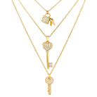 Lock and Key Triple Layer Necklace  Yellow Gold Plated Cubic Zirconia  16-18" Length  