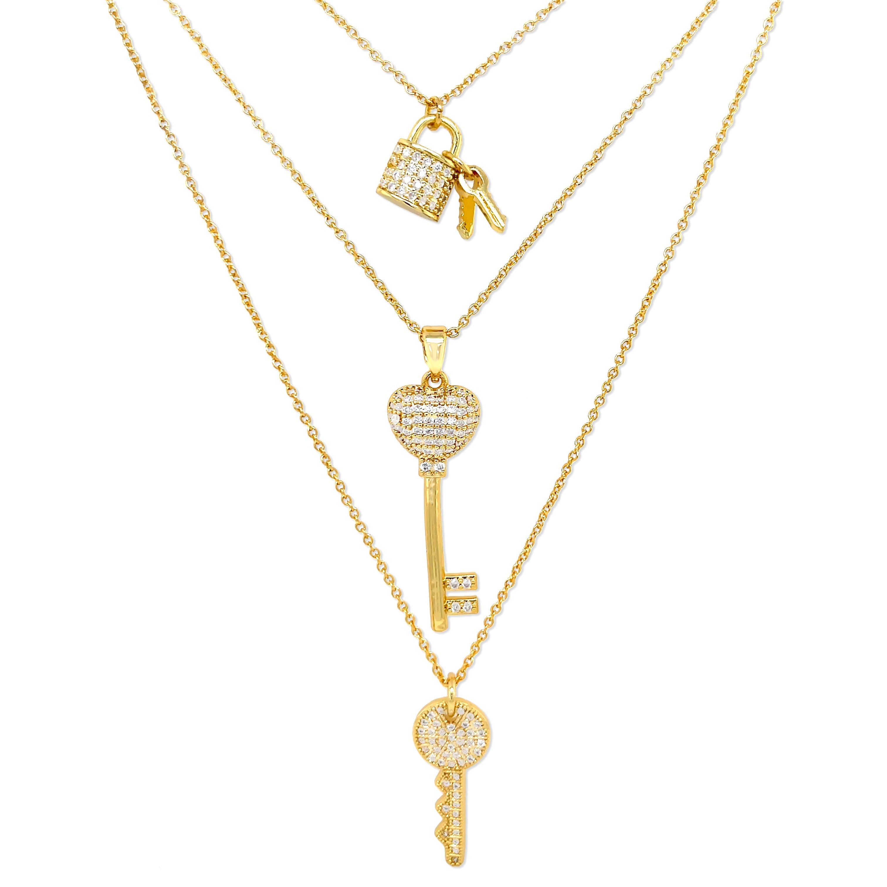 Lock and Key Triple Layer Necklace  Yellow Gold Plated Cubic Zirconia  16-18" Length  