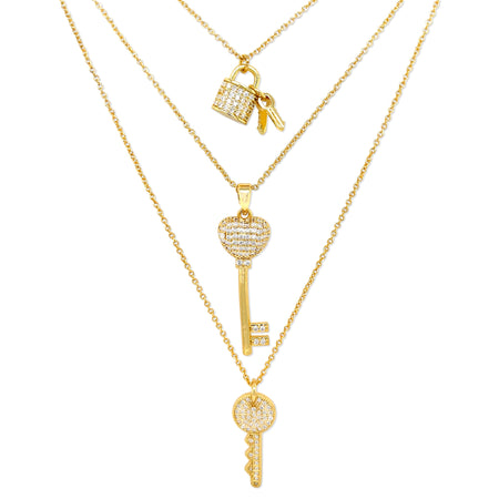 Lock and Key Triple Layer Necklace  Yellow Gold Plated Cubic Zirconia  16-18" Length  
