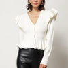 Ivory Ruffle Button Down Long Sleeve Sweater  65% Acrylic, 32% Polyester, 3% Spandex