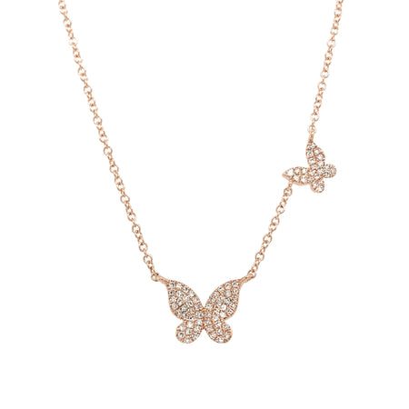 Pave Diamond Two Butterflies Chain Necklace  • 14K Rose Gold • 16-18'' Long • Larger Butterfly .45" W • Smaller Butterfly .24" W • Diamond .18CT