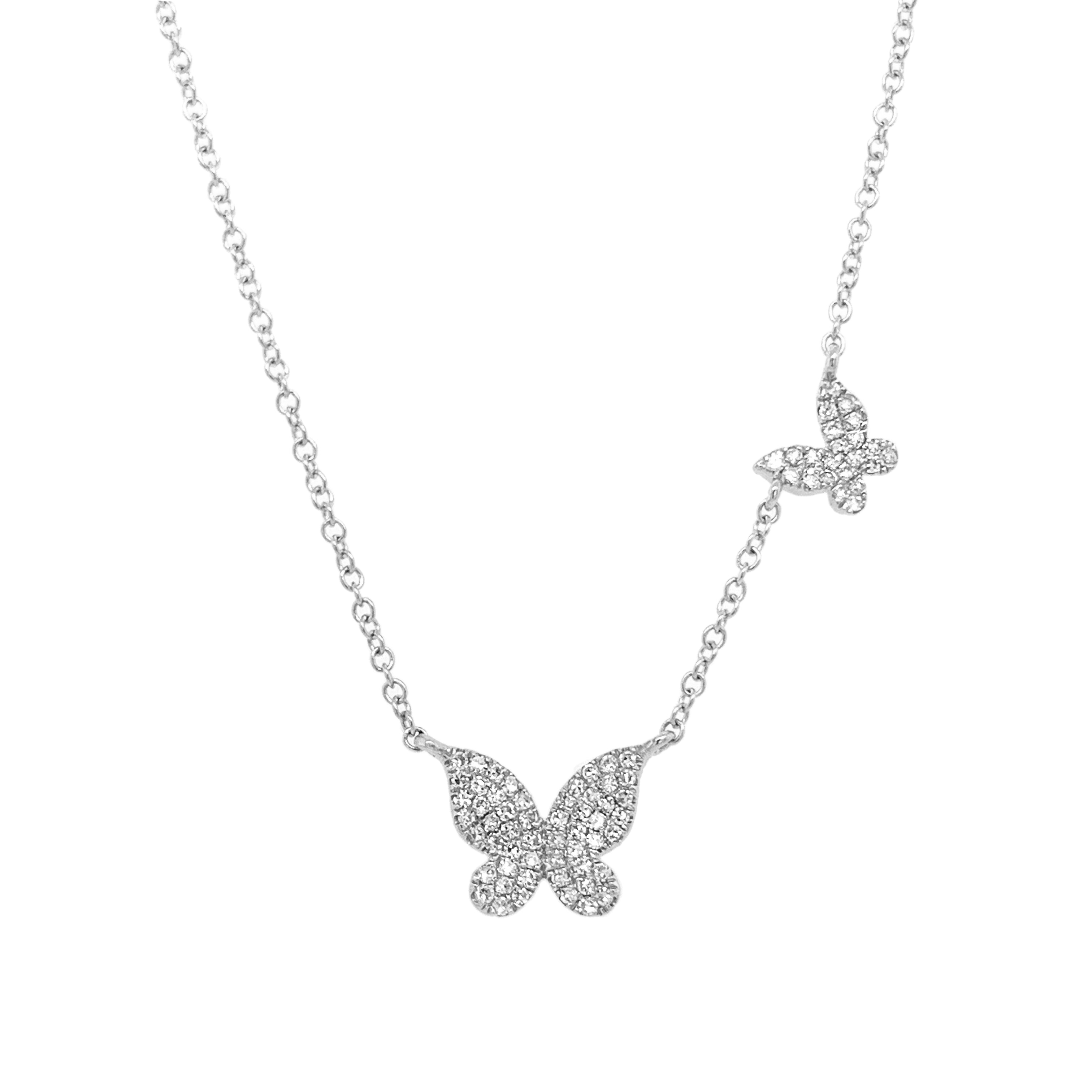 Diamond Two Butterfly Chain Necklace   • 14K White Gold • Larger butterfly .45" W; Smaller butterfly .24" W • Diamond .18CT