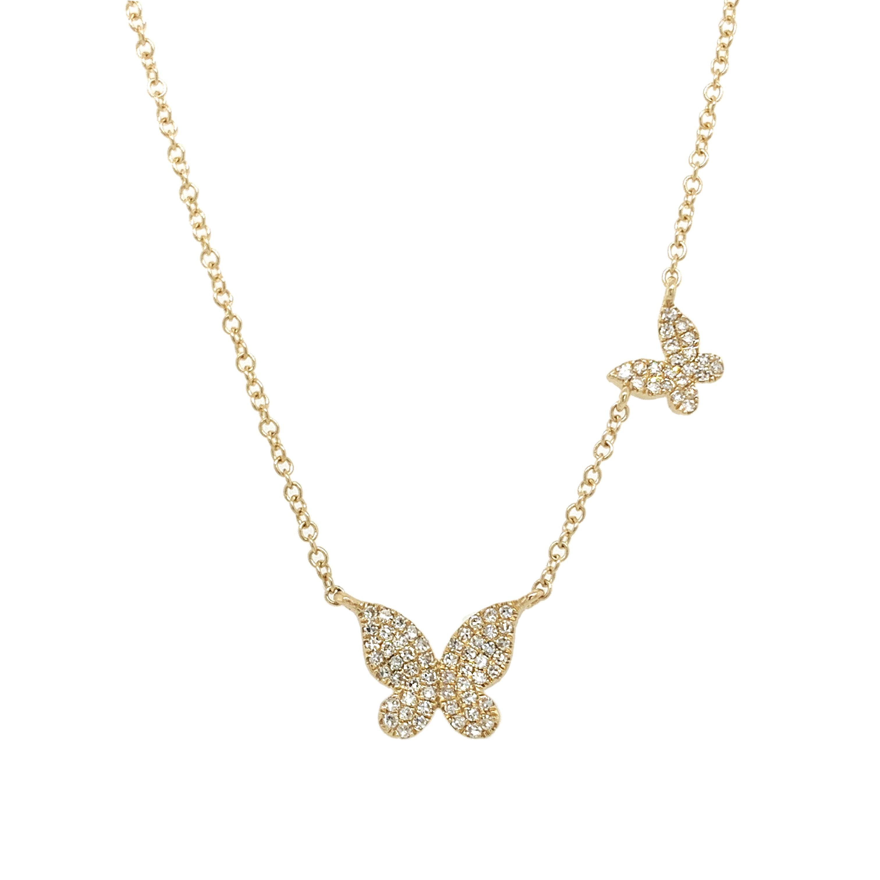 Pave Diamond Two Butterflies Chain Necklace  • 14K Yellow Gold • 16-18'' Long • Larger Butterfly .45" W • Smaller Butterfly .24" W • Diamond .18CT