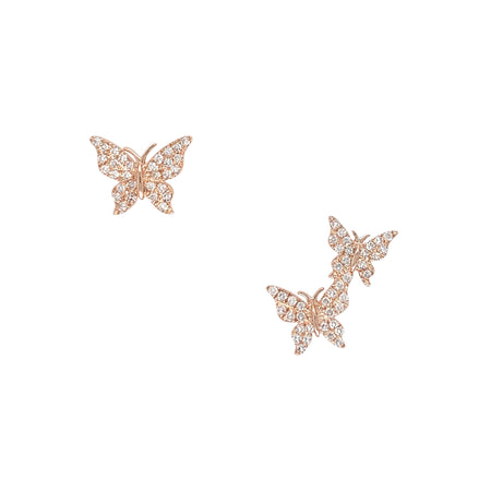 Pave Diamond Butterfly Mismatched Pierced Stud Earrings  14K Rose Gold 0.16 Diamond Carat Weight Single Butterfly: 0.25" Diameter Double Butterfly: 0.5" Long X 0.25" Wide view 1