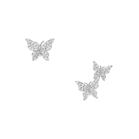 Diamond Butterfly Pierced Stud Earrings  14K White Gold 0.16 Diamond Carat Weight Double Butterfly: 0.5" Long X 0.25" Wide Single Butterfly: 0.25" Diameter