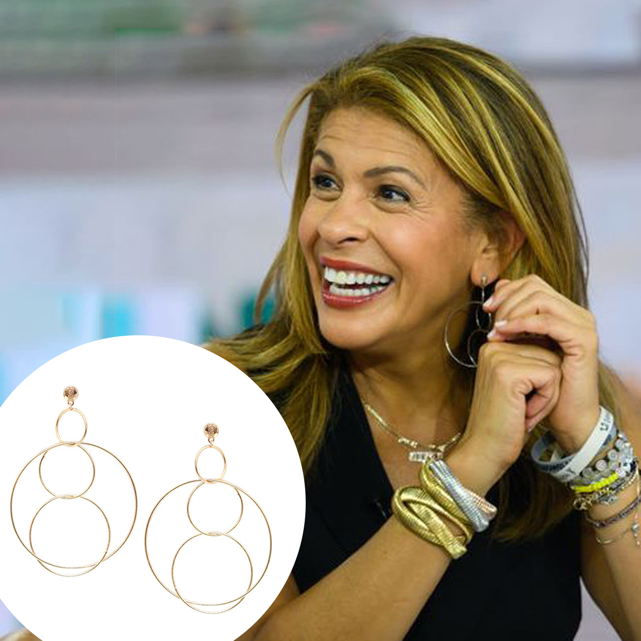 Multi Circle Statement Lightweight Concentric Hoop Drop Pierced Earrings  Yellow Gold Plated 2.95" Long X 2.02" Wide As worn by Hoda Kotb on The Today Show