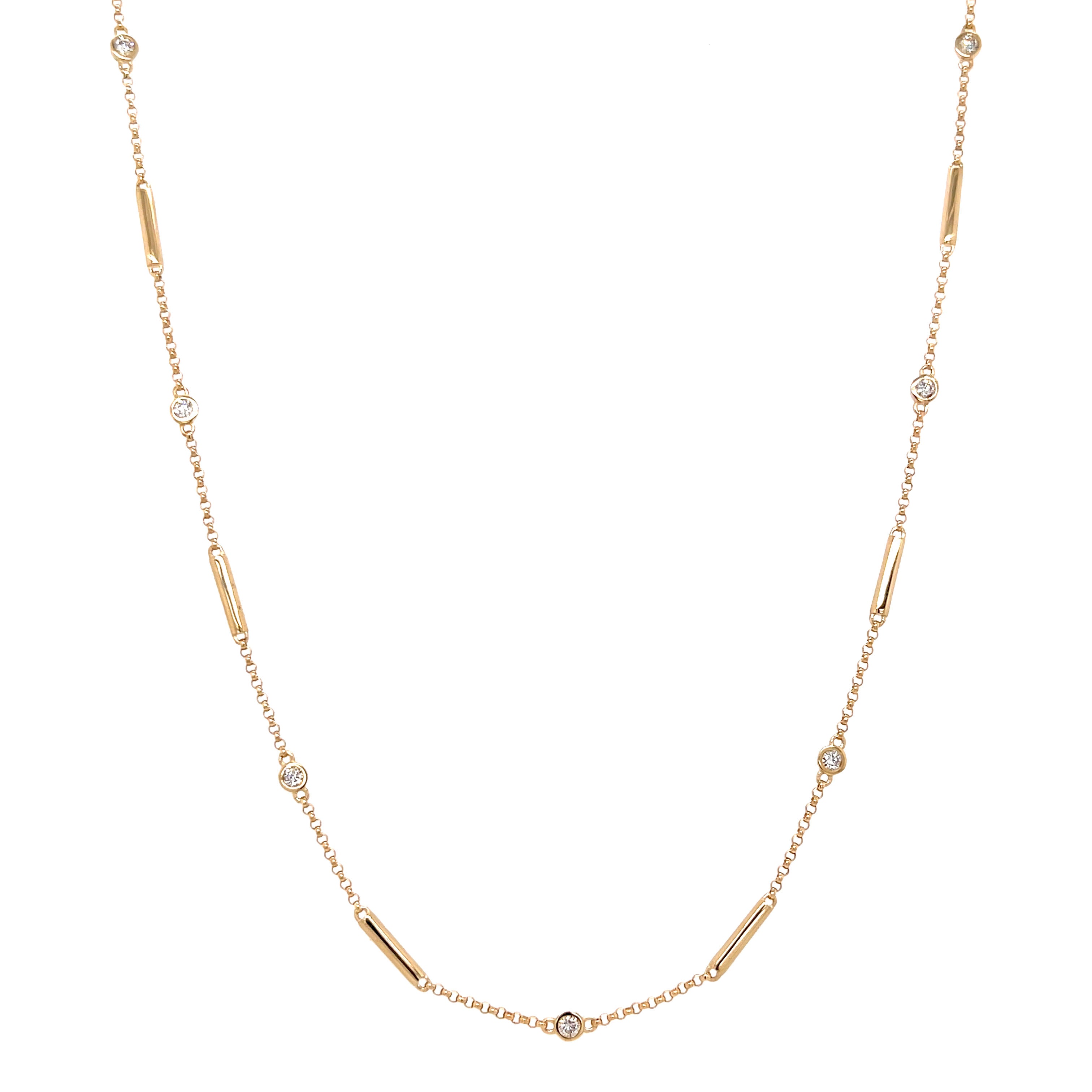 Diamond Bezels & Gold Bars Station Necklace  14K Yellow Gold 0.27 Diamond Carat Weight 14-18" Length Bezels: 0.10" Diameter Bars: 0.30" Length