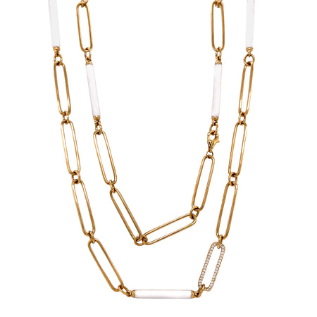 Single Diamond Link Gold & White Enamel Bar Chain Link Necklace  14K Yellow Gold 0.60 Diamond Carat Weight Chain: 36" Length Enamel Bars: 0.96" Length Gold Links: 0.91" Length Diamond Link: 0.78" Length