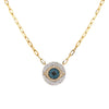 White and Blue Pave Diamond Evil Eye Necklace on Paperclip Chain  14K Yellow Gold 0.43 White Diamond Carat Weight 0.13 Blue Diamond Carat Weight Evil Eye Disc: 0.65" Diameter Chain: 18"Long