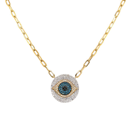 White and Blue Pave Diamond Evil Eye Necklace on Paperclip Chain  14K Yellow Gold 0.43 White Diamond Carat Weight 0.13 Blue Diamond Carat Weight Evil Eye Disc: 0.65" Diameter Chain: 18"Long
