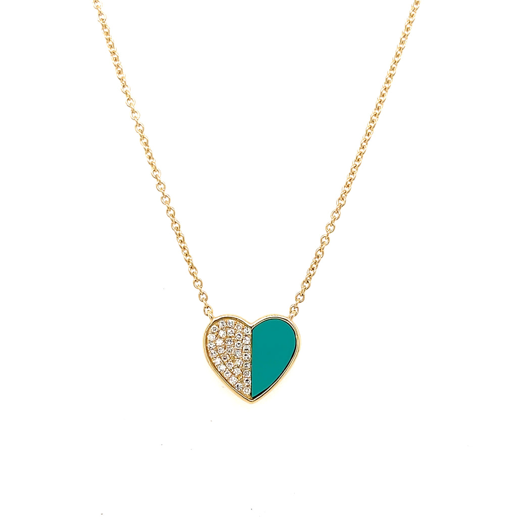 Half Turquoise & Half Pave Diamond Heart Chain Necklace  14K Yellow Gold 5.0 Turquoise Carat Weight 0.12 Diamond Carat Weight Heart: 0.40" High X 0.44" Wide Chain: 16-18" Length
