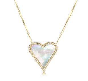 Mother of Pearl & Pave Diamond Heart Chain Necklace   14K Yellow Gold 0.12 Diamond Carat Weight 1 Mother of Pearl Carat Weight 0.7" Long X 0.6" Wide 16-18" Adjustable Chain