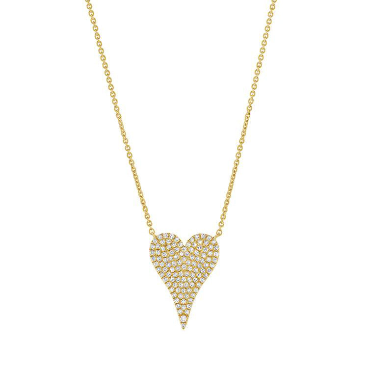 Medium Sized Pave Diamond Heart Necklace  14K Yellow Gold 0.26 Diamond Carat Weight 15.5"- 17.5" Chain Length Heart: 0.66" Length X 0.44" Width