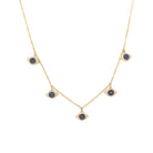 Diamond and Sapphire 5 Evil Eye Dangle Necklace  14K Yellow Gold 0.10 Black Diamond Carat Weight 0.26 White Diamond Carat Weight 0.32 Sapphire Carat Weight Chain: 14.5-18" Length Eyes: 0.3" High X 0.4" Wide