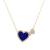 Pave Diamond & Lapis Double Heart Chain Necklace  14K Yellow Gold 0.16 Diamond Carat Weight Pave Heart: 0.20 Diameter 1.27 Lapis Carat Weight Lapis Heart: 0.50" Diameter Chain: 16-18" Length