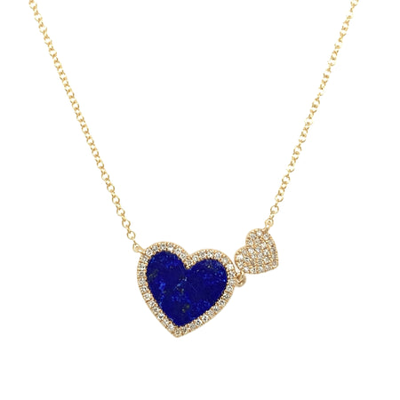 Pave Diamond & Lapis Double Heart Chain Necklace  14K Yellow Gold 0.16 Diamond Carat Weight Pave Heart: 0.20 Diameter 1.27 Lapis Carat Weight Lapis Heart: 0.50" Diameter Chain: 16-18" Length view 1