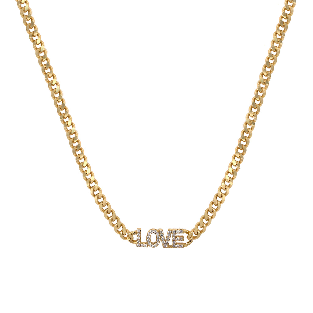 CZ "Love" Curb Chain Necklace  Yellow Gold Plated Over Silver "Love" size 0.2" Long X  0.7" Wide 3.4 MM Wide x 1 MM Thick Chain  12-16" Long