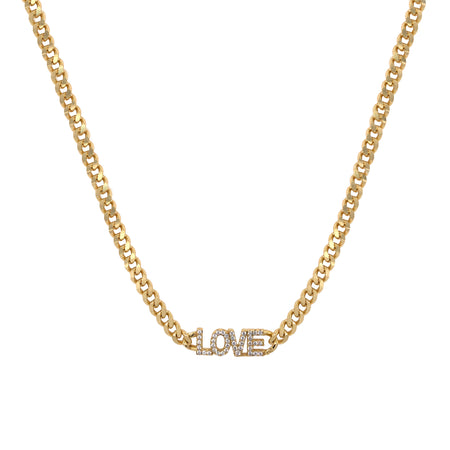CZ "Love" Curb Chain Necklace  Yellow Gold Plated Over Silver "Love" size 0.2" Long X  0.7" Wide 3.4 MM Wide x 1 MM Thick Chain  12-16" Long view 1