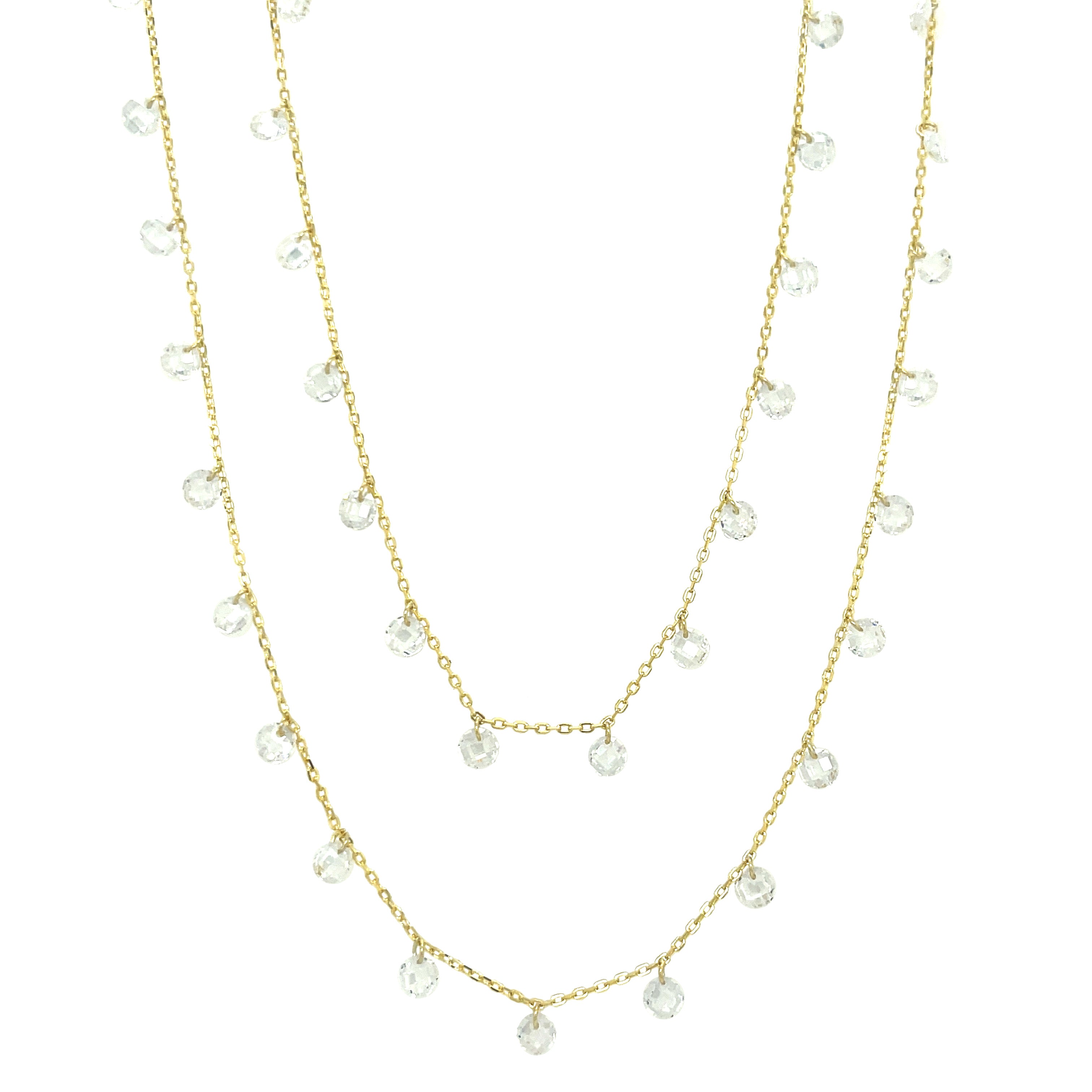 Double Chain Choker & Opera Length Dangling Crystals Necklace  Yellow Gold Plated Over Silver Cubic Zirconia 36" Length