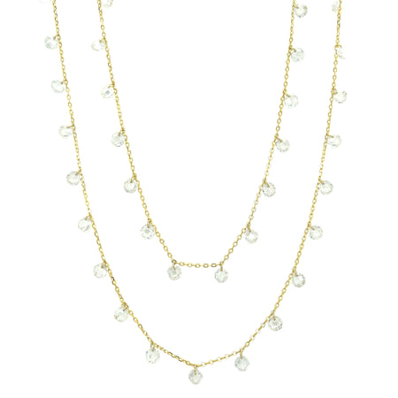 Double Chain Choker & Opera Length Dangling Crystals Necklace  Yellow Gold Plated Over Silver Cubic Zirconia 36" Length