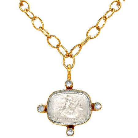 White Engraved Mithra Pendant on Hammered Chain Necklace  Yellow Gold Plated Italian Glass backed with Mother of Pearl 18" Length Pendant: 2.03" Length X 1.74" Width
