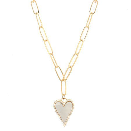 Yellow Gold Over Silver Mother of Pearl and CZ Heart Necklace on a Paperclip Chain  Yellow Gold Plated Over Silver Heart: 0.92" Long X 0.72" Wide Chain: 16-18" Length Links: 0.57" Long X 0.22" Wide