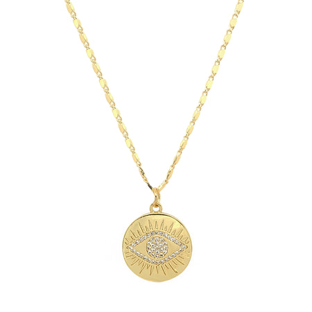 Disc with Cubic Zirconia Eye Outline Necklace  Yellow Gold Plated  Chain: 17.5" Length Disc: 0.70" Diameter