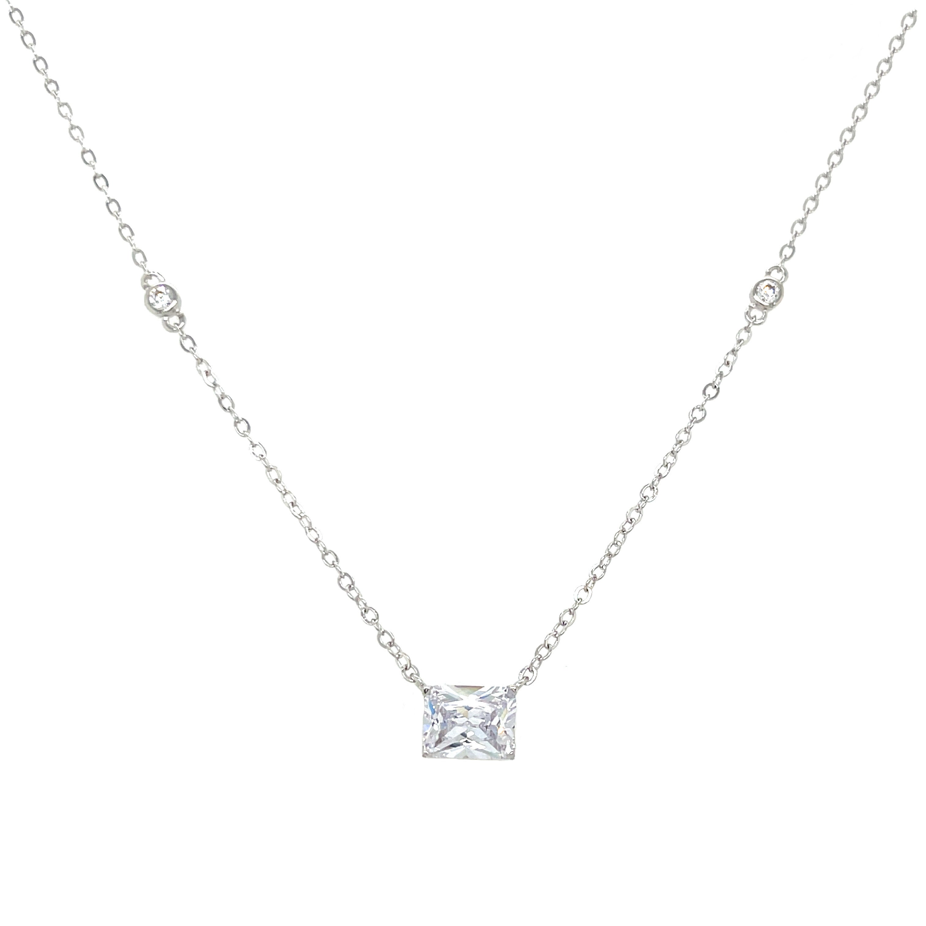 Emerald Cut With 2 Bezel Chain Necklace  White Gold Plated 0.27" Long X 0.35" Wide 16-18" Adjustable Chain