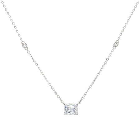 Emerald Cut With 2 Bezel Chain Necklace  White Gold Plated 0.27" Long X 0.35" Wide 16-18" Adjustable Chain