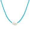 Single Pearl on Turquoise Beaded Necklace  Yellow Gold Plated 0.57" Long X 0.77" Wide 14-17" Adjustable Length