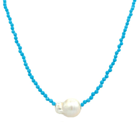 Single Pearl on Turquoise Beaded Necklace  Yellow Gold Plated 0.57" Long X 0.77" Wide 14-17" Adjustable Length