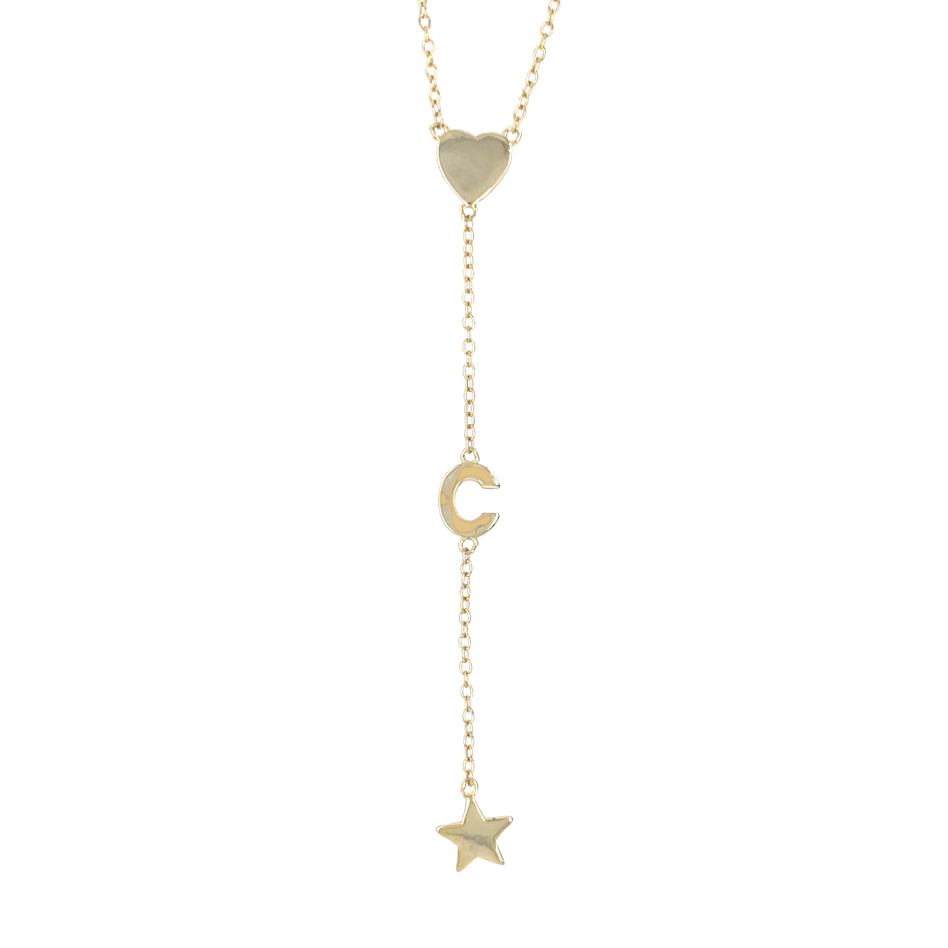 Heart, C Initial, & Star Lariat Chain Necklace  Yellow Gold Plated Over Silver 3" Drop 16-18" Adjustable Length