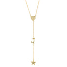 Heart, J Initial, & Star Lariat Chain Necklace  Yellow Gold Plated Over Silver 3" Drop 16-18" Adjustable Length