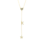 Heart, K Initial, & Star Lariat Chain Necklace  Yellow Gold Plated Over Silver 3" Drop 16-18" Adjustable Length