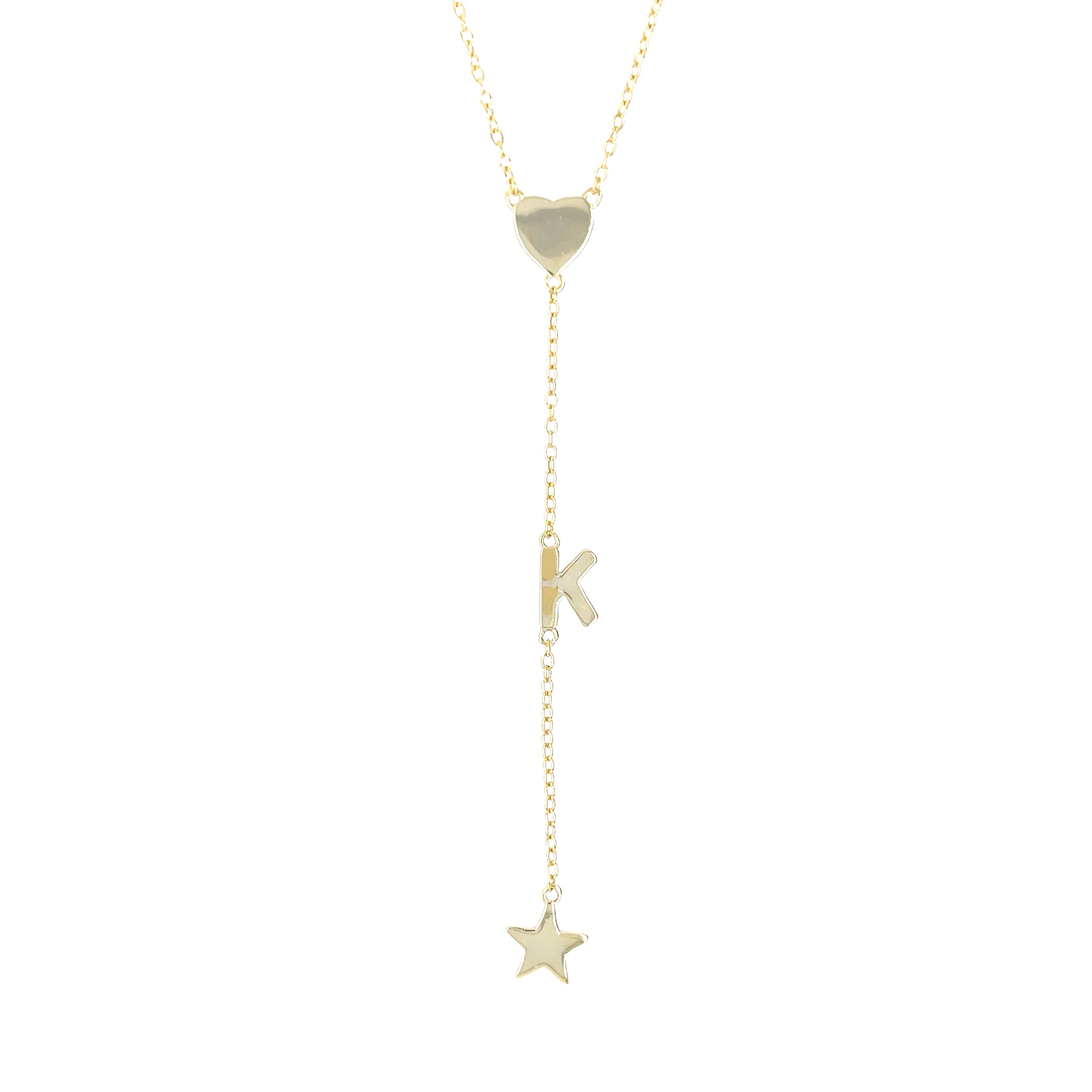 Heart, K Initial, & Star Lariat Chain Necklace  Yellow Gold Plated Over Silver 3" Drop 16-18" Adjustable Length