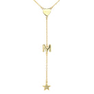 Heart, M Initial, & Star Lariat Chain Necklace  Yellow Gold Plated Over Silver 3" Drop 16-18" Adjustable Length