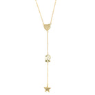 Heart, R Initial, & Star Lariat Chain Necklace  Yellow Gold Plated Over Silver 3" Drop 16-18" Adjustable Length