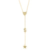 Heart, S Initial, & Star Lariat Chain Necklace  Yellow Gold Plated Over Silver 3" Drop 16-18" Adjustable Length