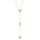 Heart, S Initial, & Star Lariat Chain Necklace  Yellow Gold Plated Over Silver 3" Drop 16-18" Adjustable Length