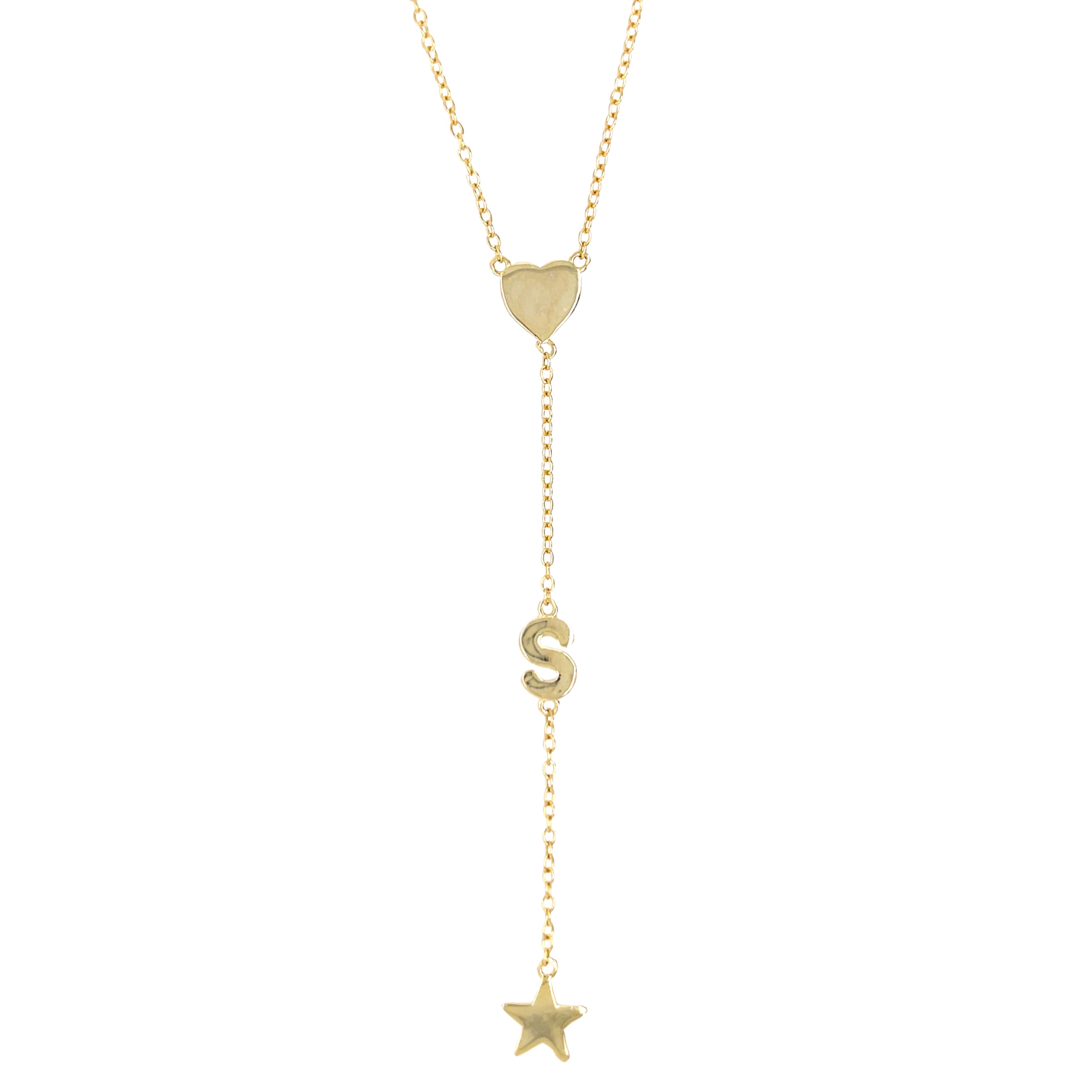 Heart, S Initial, & Star Lariat Chain Necklace  Yellow Gold Plated Over Silver 3" Drop 16-18" Adjustable Length